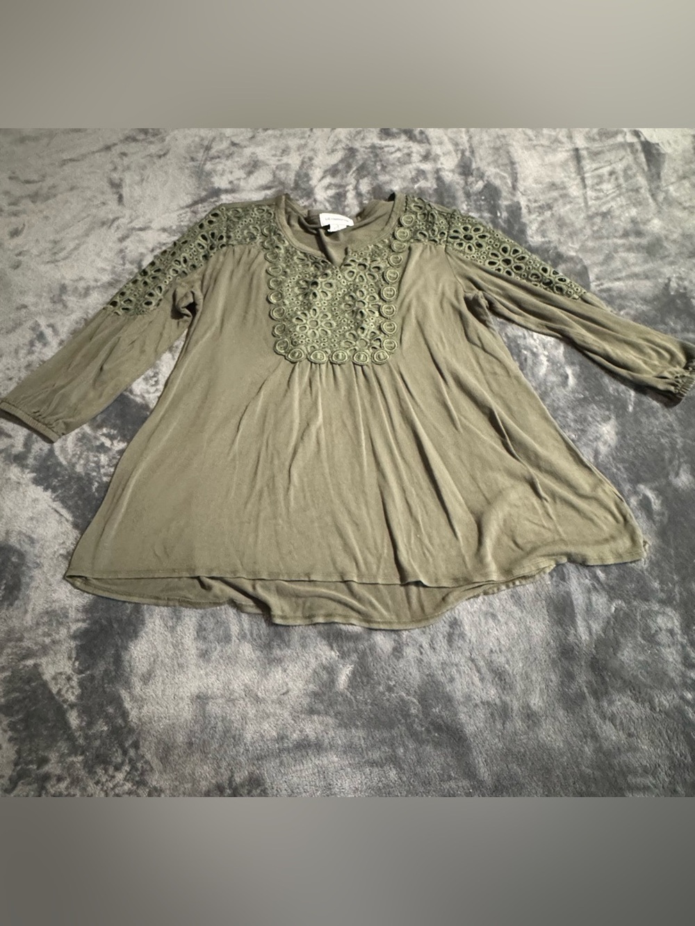 Olive Green Boho Blouse Crochet Small Rayon Stretch Liz Claiborne